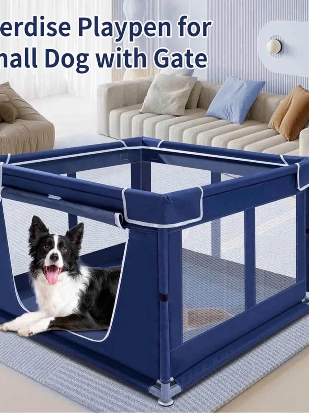 Navy Blue Pet Playpen Crate with Mesh Panels